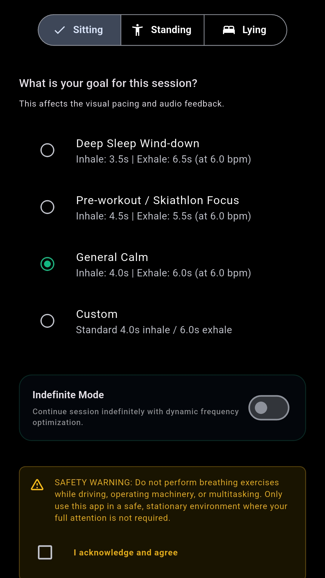 RHz session setup with posture, session goal, and safety options